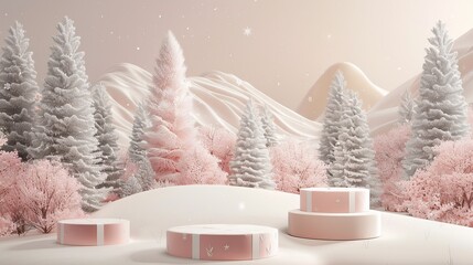 Wall Mural - Landscape background with a product stand at the end of a winter Christmas season. 3D rendering.