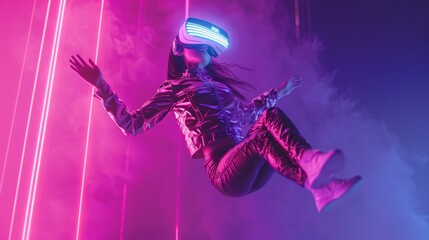 Poster - Conceptual and futuristic 3D woman floats in the air with neon lights and VR glasses. Concept of video games, NFT, VR and crypto.
