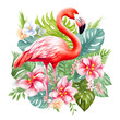 pink flamingo is surrounded by tropical plants and flowers Flat illustration summer design