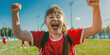 Sportsmanship: Young Woman with Down Syndrome Celebrating a Victory on the Soccer Field. Learning Disability