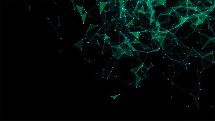 Poster - Green abstract background with connection lines, dots and triangles. Technology network connection. Digital structure of particles. Vector illustration.