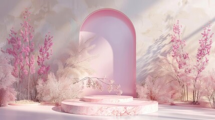 Poster - Three-dimensional rendering of iridescent floral with abstract pastel stone backdrop for cosmetics display.