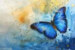 Butterfly on dew drops. Gold and blue background. Butterfly on a blue and gold background