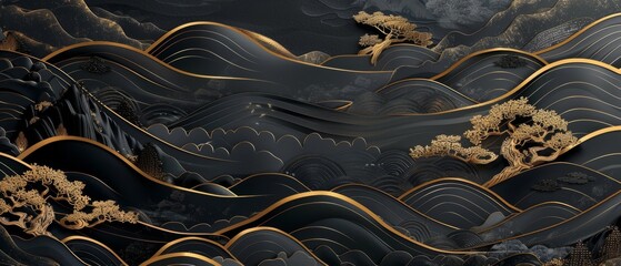 Aufkleber - Modern abstract landscape background with Japanese wave pattern. Vintage mountain forest fan card template with Asian traditional icon and symbol design. Gold and black background.