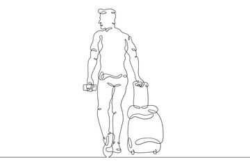 Poster - one continuous line.a tourist with luggage is waiting for transport. traveler with backpack and suit