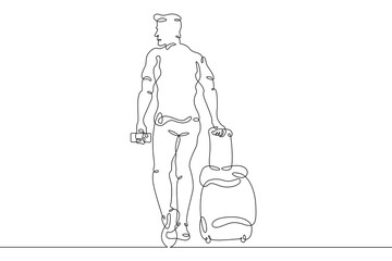 Poster - One continuous line.A tourist with luggage is waiting for transport. Traveler with backpack and suitcase on vacation. Traveling man with luggage.One continuous line drawn isolated, white background.