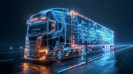 Poster - Wireframe of futuristic truck with trailer (3D illustration)