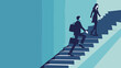 A man and woman in business attire walking up the stairs, vector illustration with a blue background.