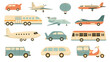 Flat design icons of plane, train and bus travel symbols on a white background vector illustration