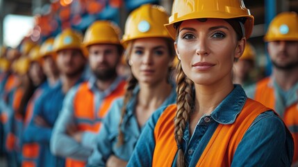 Confident female leader with construction team on International Workers' Day