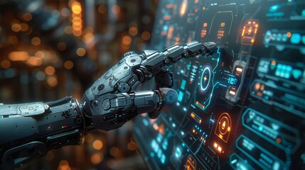 Leinwandbilder - Using the index finger, the robot mechanical arm or hand presses the button, displaying a virtual holographic interface HUD on the touch screen. Artificial Intelligence futuristic design concept. 3D