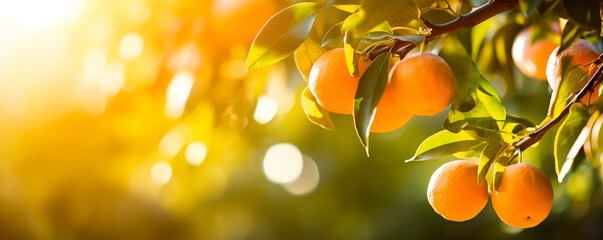 Wall Mural - Orange tree branch, fruit orchard background with copy space