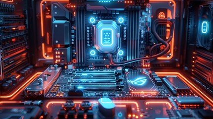 Leinwandbilder - Desktop computer upgrade and repair concept. Gaming computer glow in the dark table. LED-lighted computer parts inside computer case. 3d rendering of a computer case with glowing computer parts.
