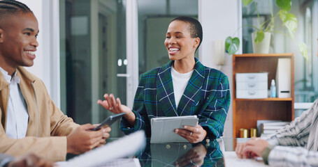 Sticker - Pitch, group of business people with woman boss and happy feedback for project management workshop. Teamwork, meeting and team with ceo, online report and brainstorming together on work proposal.