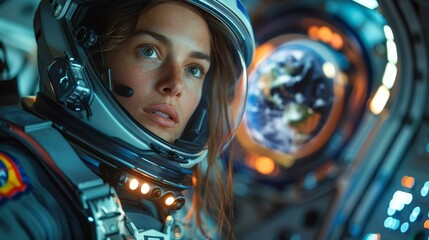 Wall Mural - Inweightless female astronaut inside spaceship against background of porthole. Female cosmonaut works on control panel of space station. Hologram of Earth on virtual monitor.