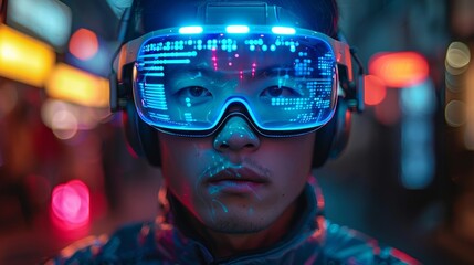 Wall Mural - A man wears a 3D VR headset in a virtual reality simulation in a metaverse environment, dressed in a cyberpunk style suit. The metaverse is a concept world in which video computer games can be