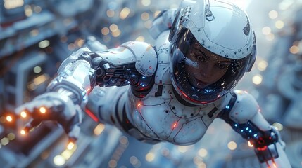 Aufkleber - An aerial robot or cyborg woman flying in superhero armor lands on a futuristic city scene. A character wears a jetpack rocket engine as the robot takes off.