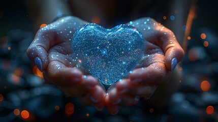Aufkleber - An inspiring Valentine's day banner in digital computers technology style. A small heart made of holographic pixel art is hung over the hand of a woman with manicure. Holographic pixel art shapes of