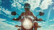 Woman in a swimsuit on a motorcycle in a helmet. Cinematic. AI generative.