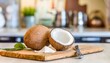 A selection of fresh fruit: coconut, sitting on a chopping board against blurred kitchen background; copy space
