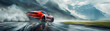 Speeding car drift with tire smoke, race track against mountains, low angle grass view, copy space
