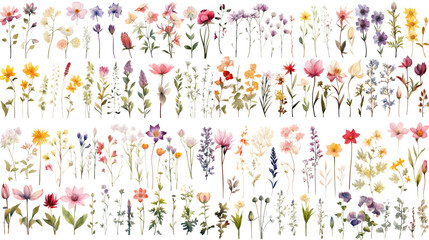Wall Mural - set of watercolor wildflowers painting isolated on clear png background and transparent background. 