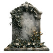 Vintage tombstone adorned with sculpted flowers and leaves isolated on transparent backgroundv