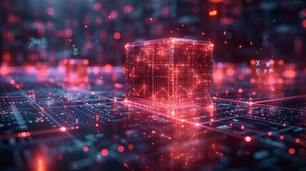 Aufkleber - Business tech dark background with neon lines, cube, circle chart over glass table. Abstract background of digital technology. Geometric shapes in digital space. Future Fintech concept. Business tech
