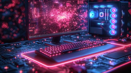 Fototapete - Isometric illustration of an illuminated gaming computer. Standard computer case, monitor, keyboard on desktop. Stationary video games computer. Neon lights of electronic components.