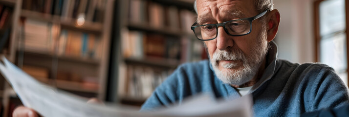 Canvas Print - Photo of a senior reviewing his life insurance policy with a close up on the document and his reading glasses underscoring the significance of insurance in retirement planning