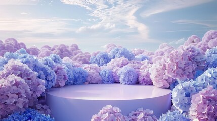 Poster - Background for product display with hydrangea flower field. 3D rendering...