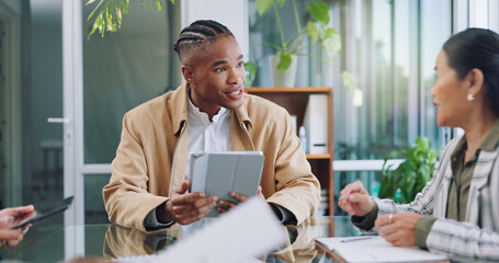 Aufkleber - Tablet, happy business people with boss and black man at pitch feedback for project management workshop. Teamwork, meeting and team with ceo, online report and brainstorming together on job proposal.