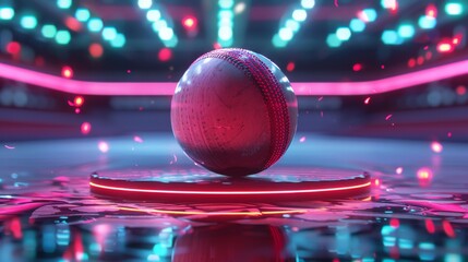 A futuristic cricket ball with neon markings on a glass stage with neon markings - 3D rendering