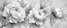In This Vintage Style Illustration Of Grey Flowers, A Black And White Peony Flower Is Illustrated With Hand Drawn Floral Patterns In Vintage Style. An Oriental Style Background With A Chinese Style
