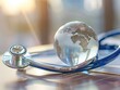 A close-up of a glass globe and a stethoscope placed on a table symbolizes World Health Day, emphasizing medical and healthcare concerns