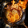 A top-down shot of a crepe Suzette being flambéed in a skillet with orange liqueur, creating a dramatic flame, with orange zest and caramelized sugar sprinkled on top.