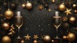Modern illustration of a champagne glass with champagne balls and an inscription wishing you a happy new year 2018 in gold and black colors