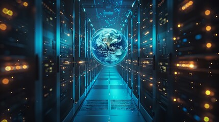Poster - Three-dimensional rendering of the white Earth network flying over the server room data center
