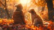 Craft a charming scene of a pet and a child exploring together in the park