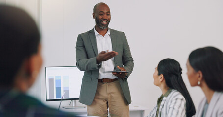Poster - Business, presentation and man coaching with statistics on ideas, growth and development at workshop. Leadership, strategy and planning, speaker or presenter at corporate conference or office seminar