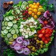 A vibrant top-down shot of a Greek salad arranged in a circular pattern, featuring fresh lettuce, tomatoes, cucumbers, red onions, olives, and feta cheese, drizzled with olive oil and sprinkled with o