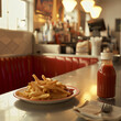 A vintage-style shot of a retro diner counter with a plate of fries and a classic ketchup bottle, emphasizing a nostalgic atmosphere.

