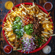 An aerial shot of a platter of fries served family-style, surrounded by various toppings such as chili, jalapeños, diced onions, and shredded cheese, perfect for sharing.