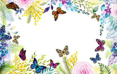 Wall Mural - Horizontal floral frame with with butterflies. Spring wreath of the brightest different colorful flowers. Hello Spring . hand drawing. Not AI