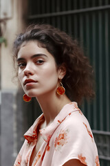 Wall Mural - A woman with brown hair and red earrings is standing in front of a green fence. She is wearing a pink shirt with flowers on it