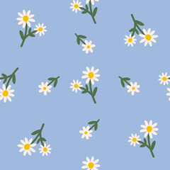 Poster - Seamless pattern with cute groovy daisy flowers and leaves on a blue background. Vector floral illustration.
