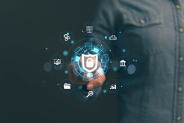 Poster - Lock icon and internet network security technology. Cybersecurity and privacy concepts to protect data. Businessman protecting personal data on smart phone with virtual screen interfaces.