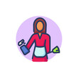 Woman with detergent and duster line icon. Housewife, maid, cleaner. Cleaning service, domestic work concept. Vector illustration for web design and apps