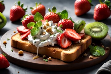 Sticker - sandwich with fresh strawberries, kiwi, cottage cheese in a plate