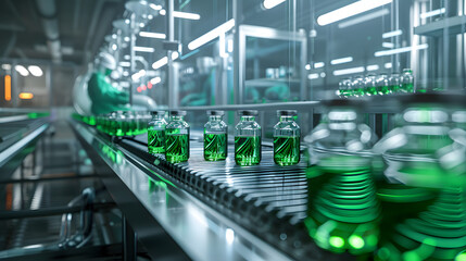Poster - an automated assembly line where glass bottles are being filled with a green antiviral agent, under 